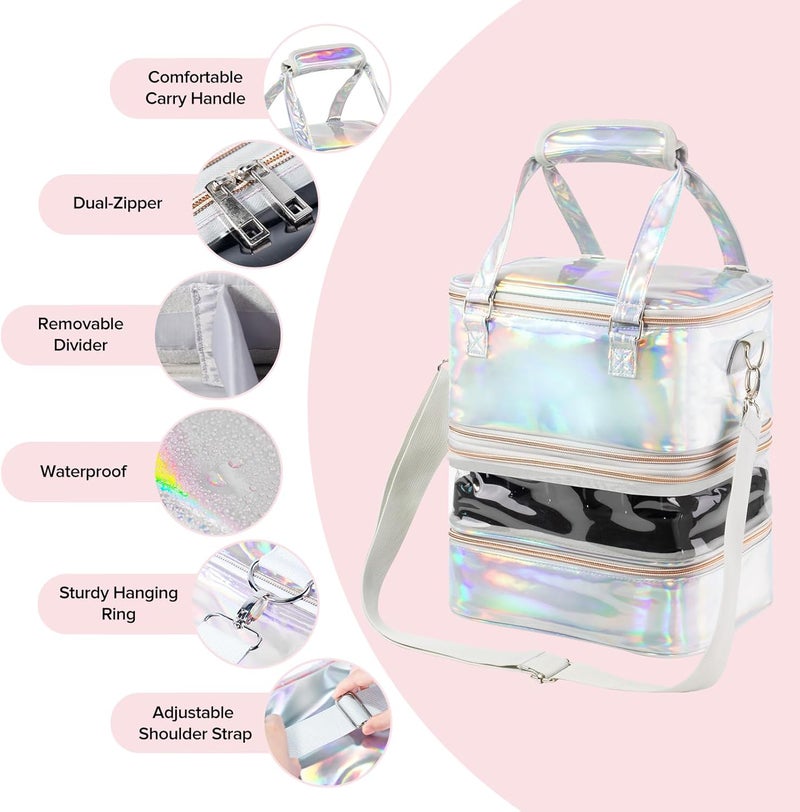 BELOVING Nail Polish Organizer Case, 3 Layers Removable Nail Polish Storage Bag Holds 60 Bottles and Nail Lamp with Shoulder Strap Portable Holographic PU Leather Nail Kit Storage for Manicure Tools (Silver) - Image 3